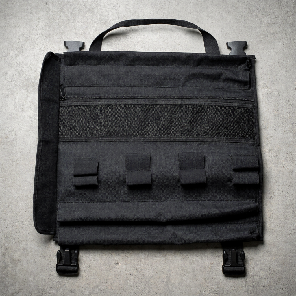 Black rollbag on a gray concrete surface