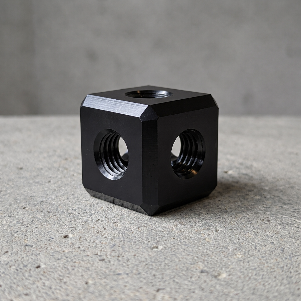 Black metal cube with threaded holes on a gray surface