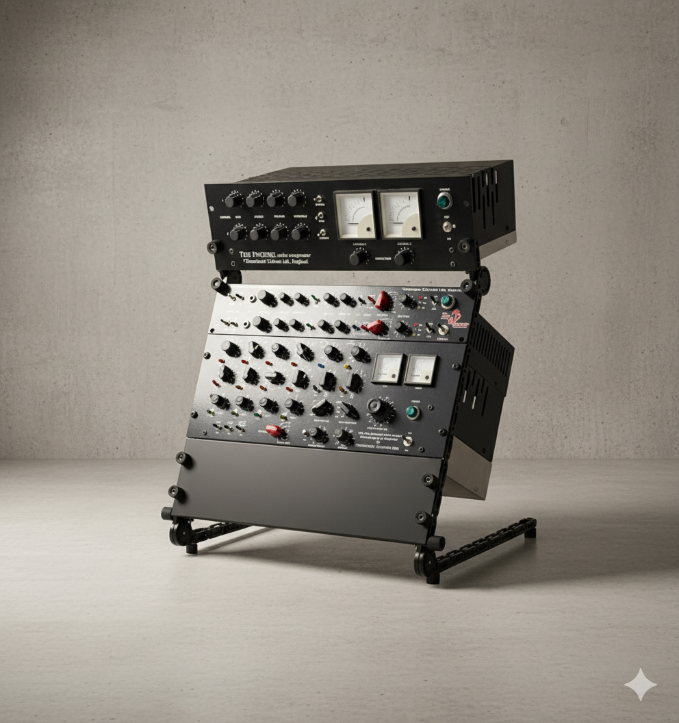 Custom desktop studio rack built with Manofold hardware, holding outboard gear without a full 19-inch floor rack.