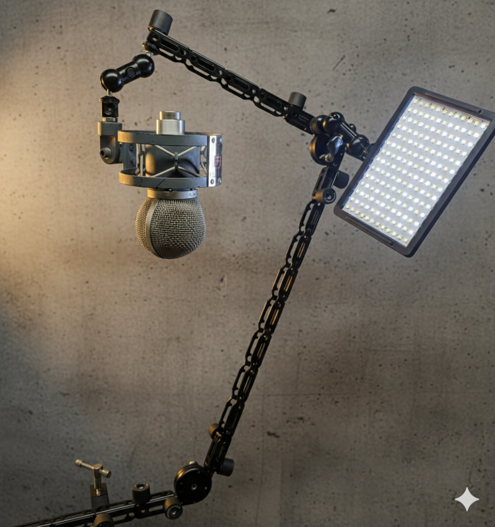 Custom articulating desk mount built with Manofold double balljoint arms for microphone and LED light positioning