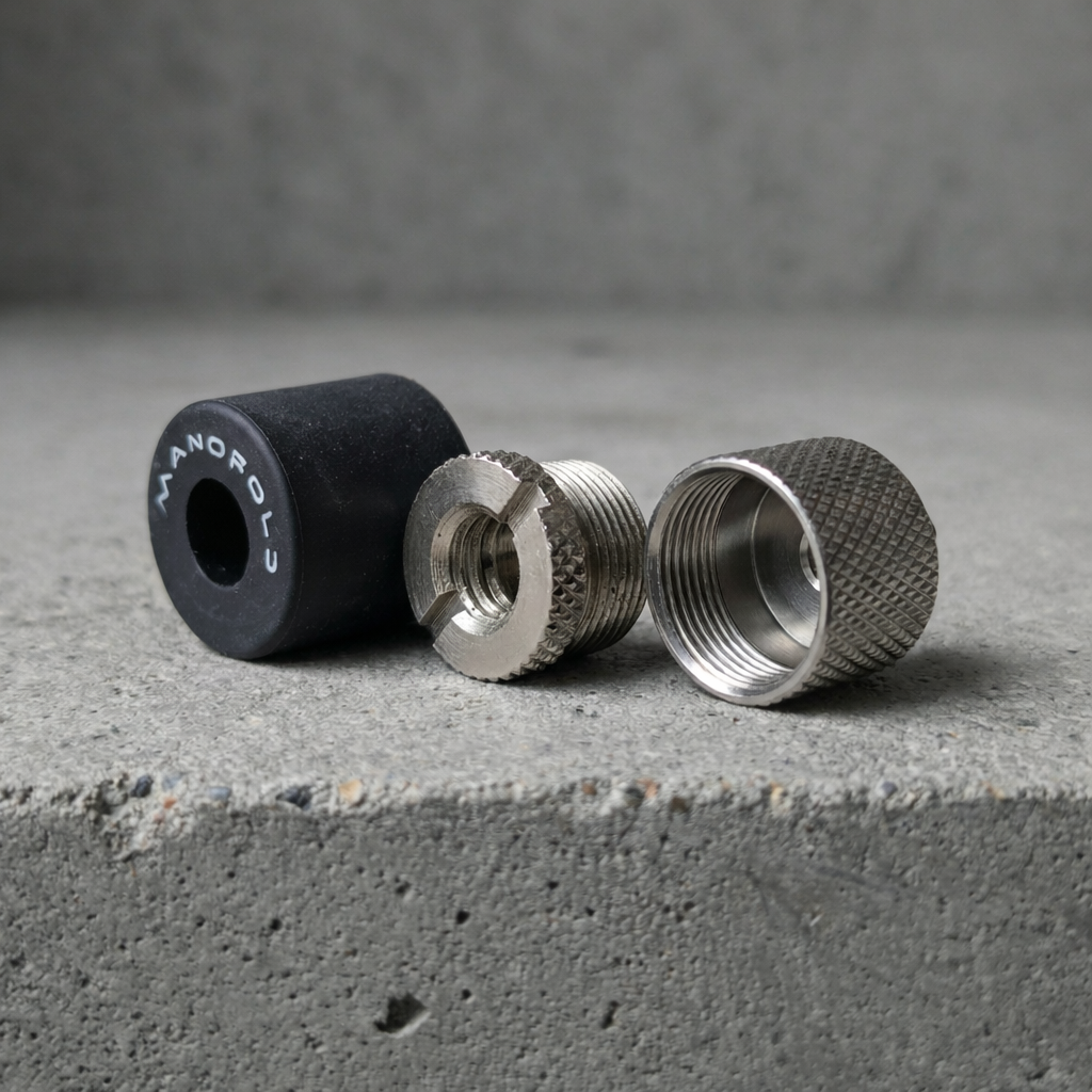Three metal components on a concrete surface with a soft focus