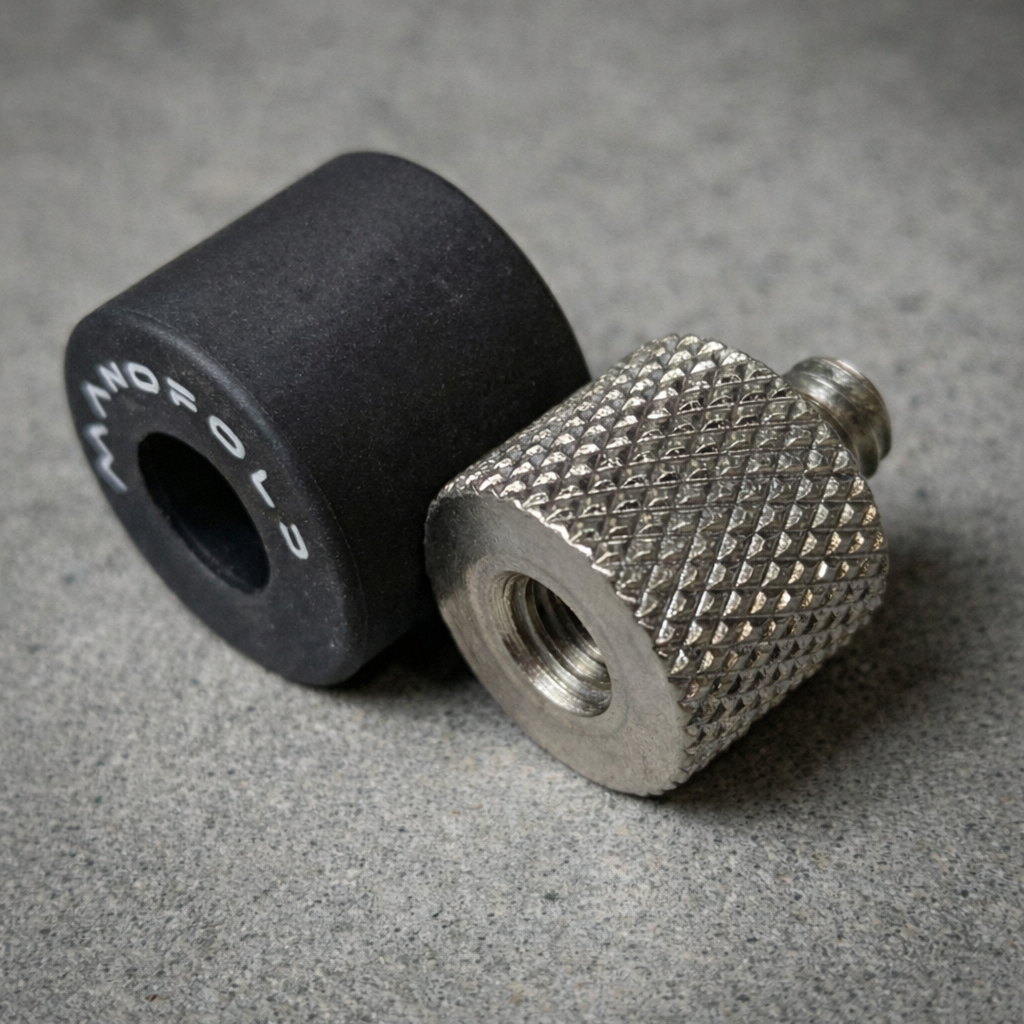 Black rubber bushing and metal knurled fitting on a gray surface
